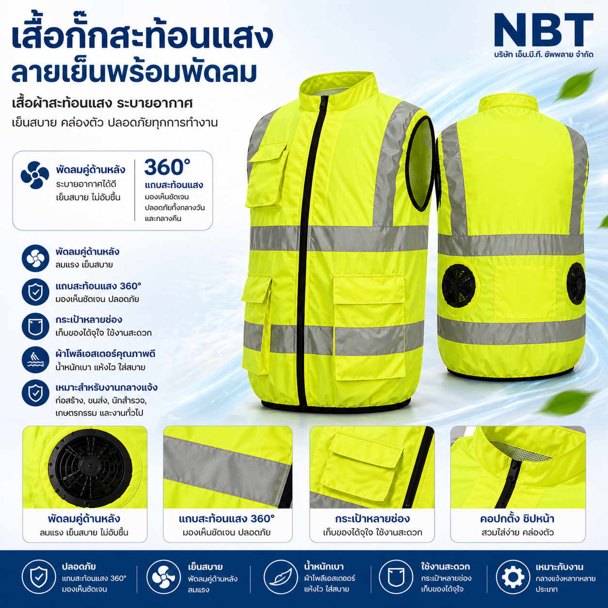 ไซต์ 3XL เสื้อกั๊กสะท้อนแสง พัดลมในตัว ระบายอากาศ รุ่น Cooling Vest (แถม Power Bank)