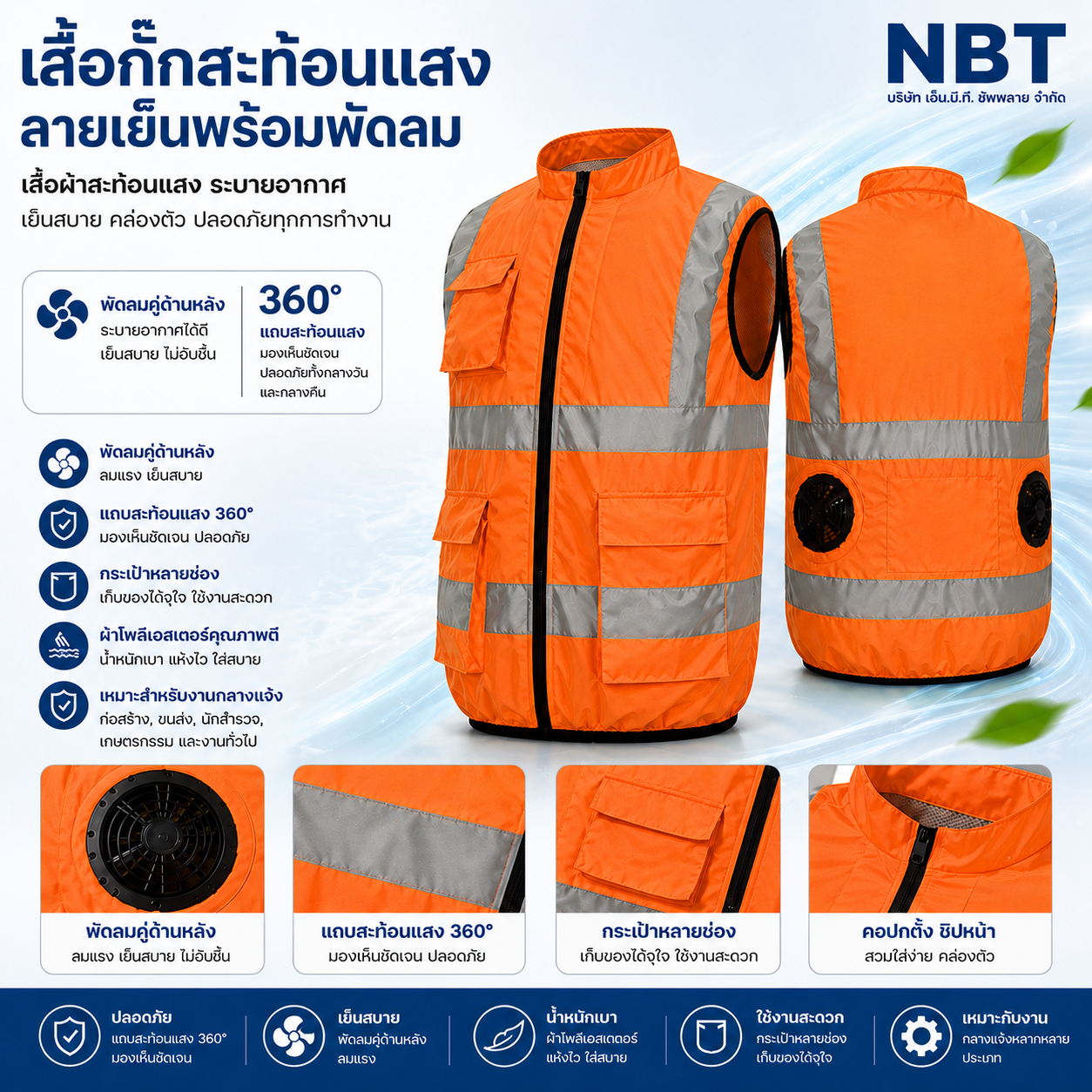 เสื้อกั๊กสะท้อนแสง พัดลมในตัว ระบายอากาศ รุ่น Cooling Vest (แถม Power Bank) ไซต์ 2XL สีส้ม
